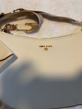 Anne Klein Off-White Pebbled Leather Hobo Shoulder Bag with Gold Hardware